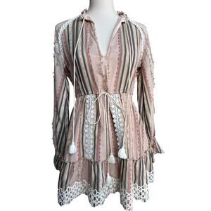 Hemant & Nandita Striped Boho Mini Dress Cotton Stunning Crochet Lace Size Small